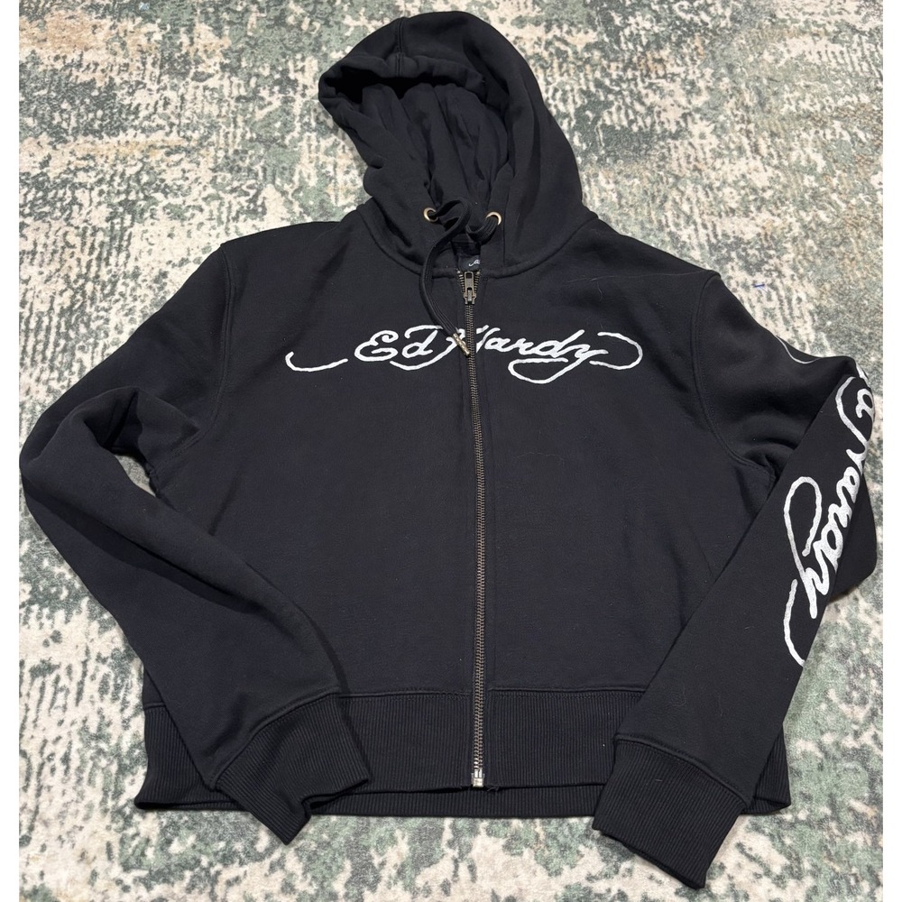 Ed Hardy Cropped Zip Up Hoodie Medium Black True Til Death Eagle Tattoo Y2K M